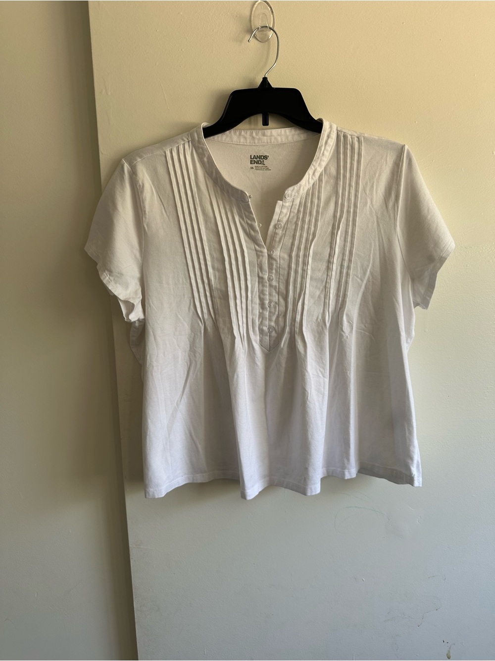 Lands' End White Short-Sleeve Pintuck Popover Top Cotton Modal Blend